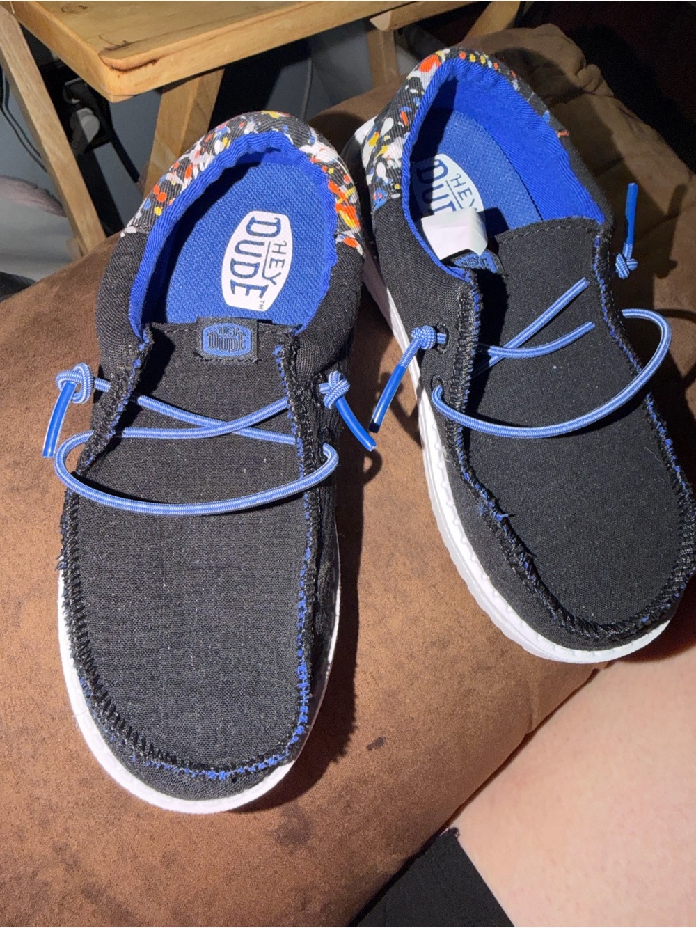 Hey Dude Kids Black Slip-On Sneakers with Bright Blue Trim